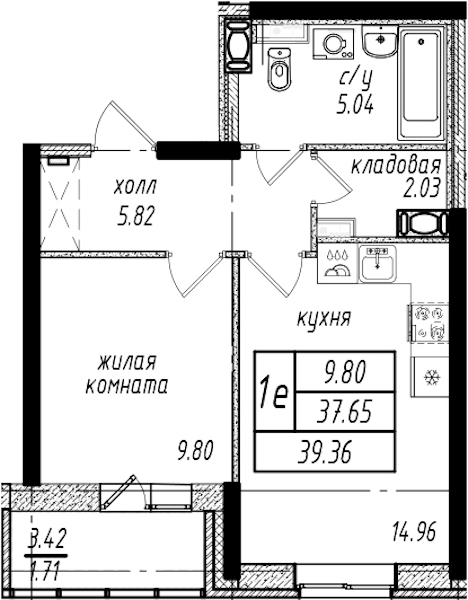 1-комнатная квартира 39.36 м², 3/25 эт., ЖК «Северная Долина»